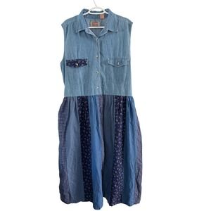 Vintage Kikomo Denim Patchwork Dress XL Sleeveless Boho Western Cottage Grandma